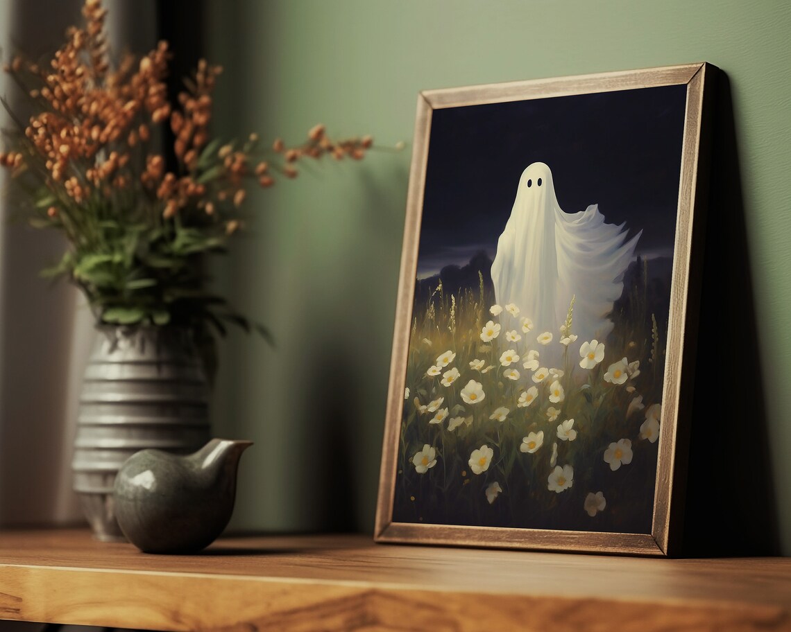 Cute White Ghost Standing Alone In A Night Flower Meadow Poster - Image 2