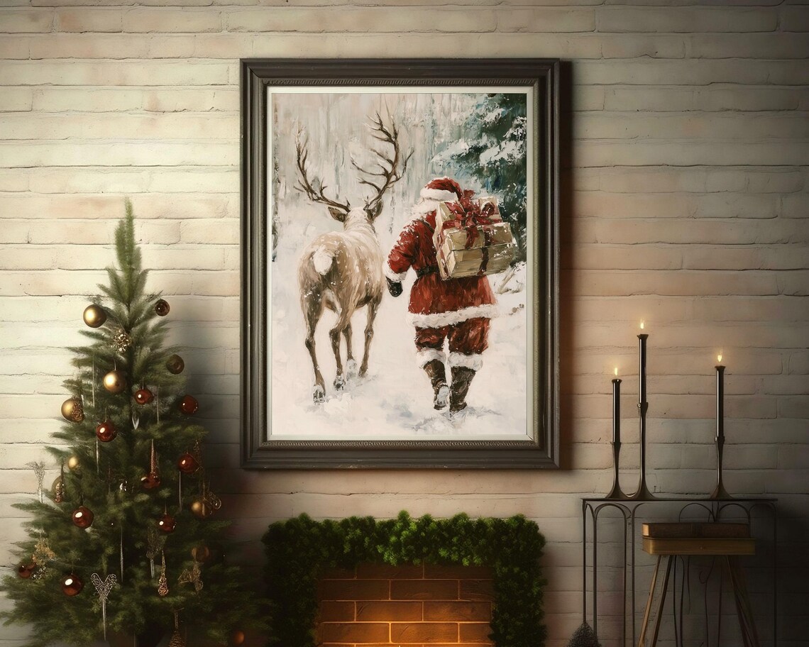 Vintage Santa With Reindeer Christmas Art Print - Image 4