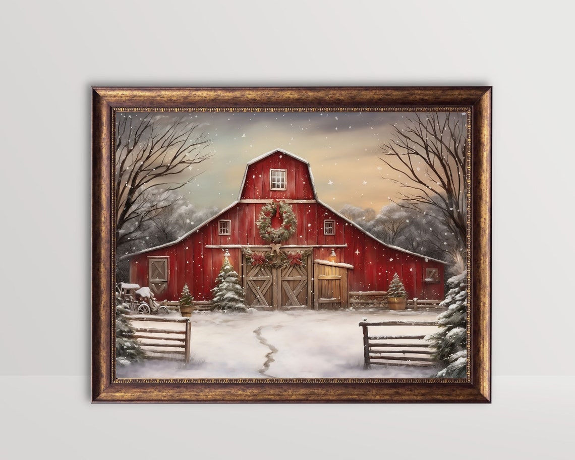 Christmas Farm Red Barn, Rustic Holiday Poster Print