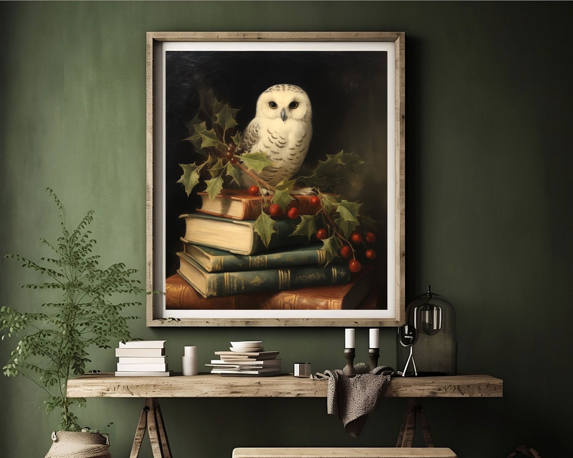 White Owl on Books Vintage Christmas Art Print - Image 4