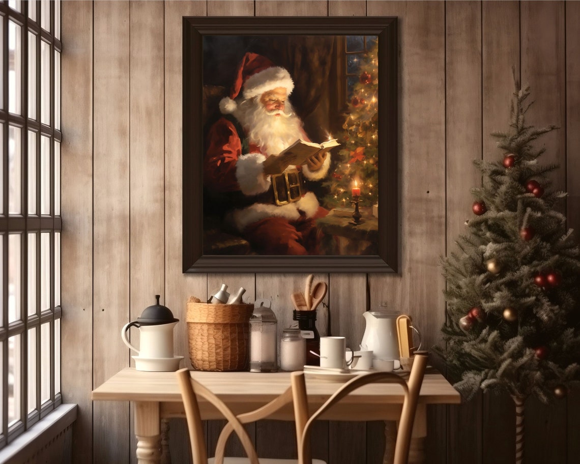 Santa Reading Book Vintage Christmas Art Print - Image 3