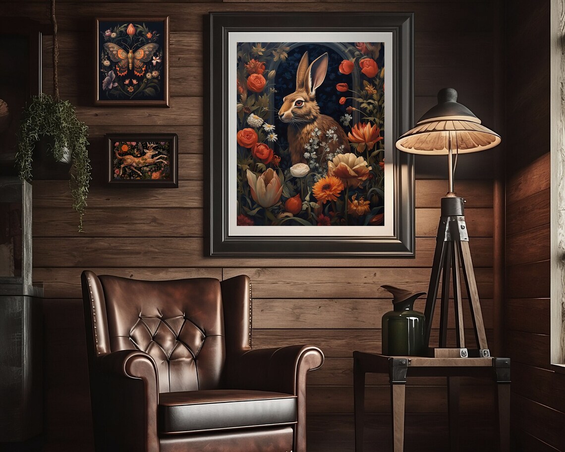 Brown Hare Portrait Among Dark Romantic Flowers Vintage Style Poster - Image 2
