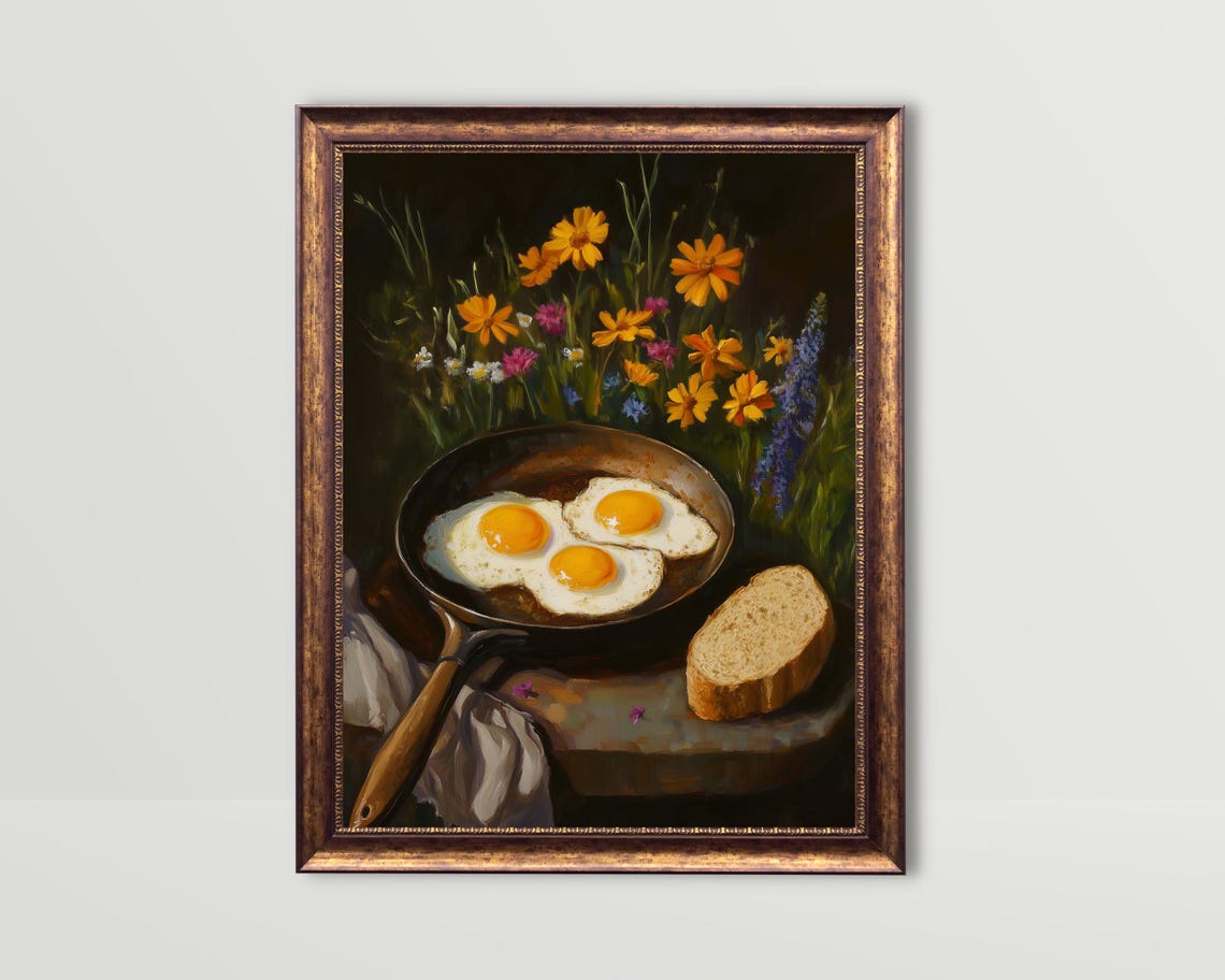 Fried Egg Whimsical Kitchen Wall Art Fun Breakfast Art Print Moody Eggs Sourdough Funny Still Life Painting Dark Food Prints