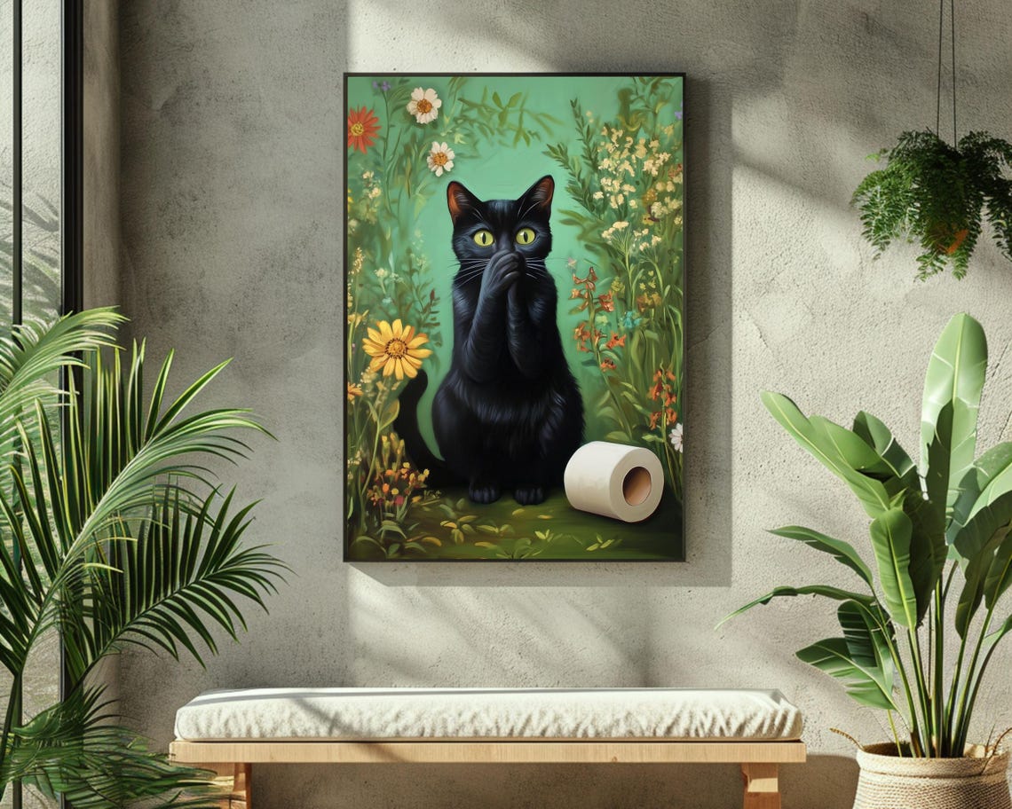 Cat Toilet Paper Funny Bathroom Wall Art Green Powder Room Prints Cute Black Cat Whimsical Art Print Fun Animal Poster Restroom Painting - Image 4