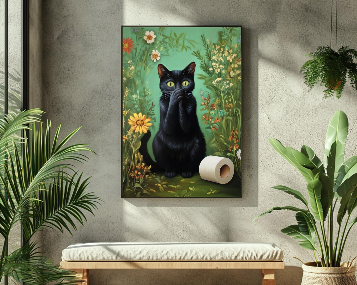 Shocked Black Cat With Toilet Paper Roll Funny Bathroom Poster - Image 4