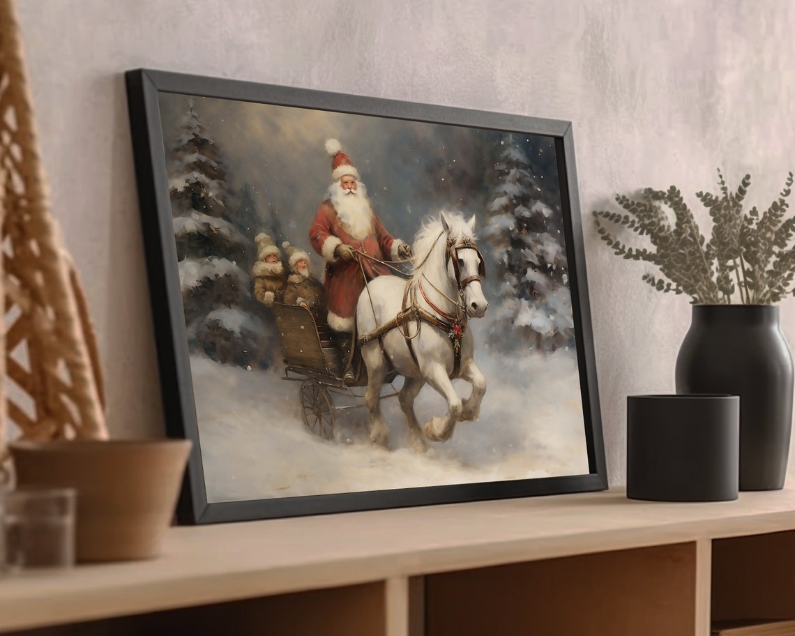 Santa Horse Sleigh Rustic Christmas Wall Art Festive Home Decor Farmhouse Holiday Print Vintage Winter Oil Painting Western Xmas - Image 2