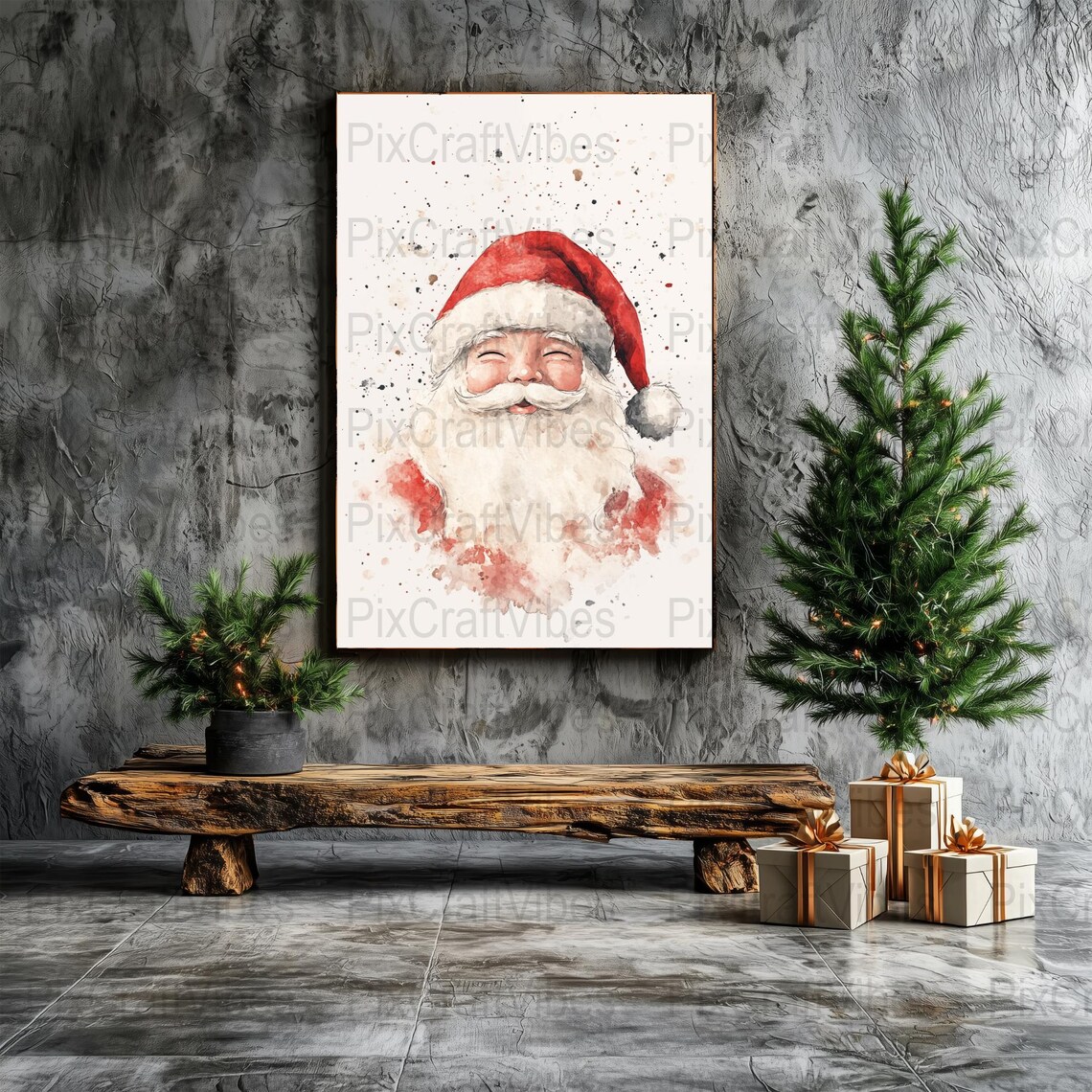 Smiling Santa Claus Watercolor Red Hat Festive Christmas Wall Art