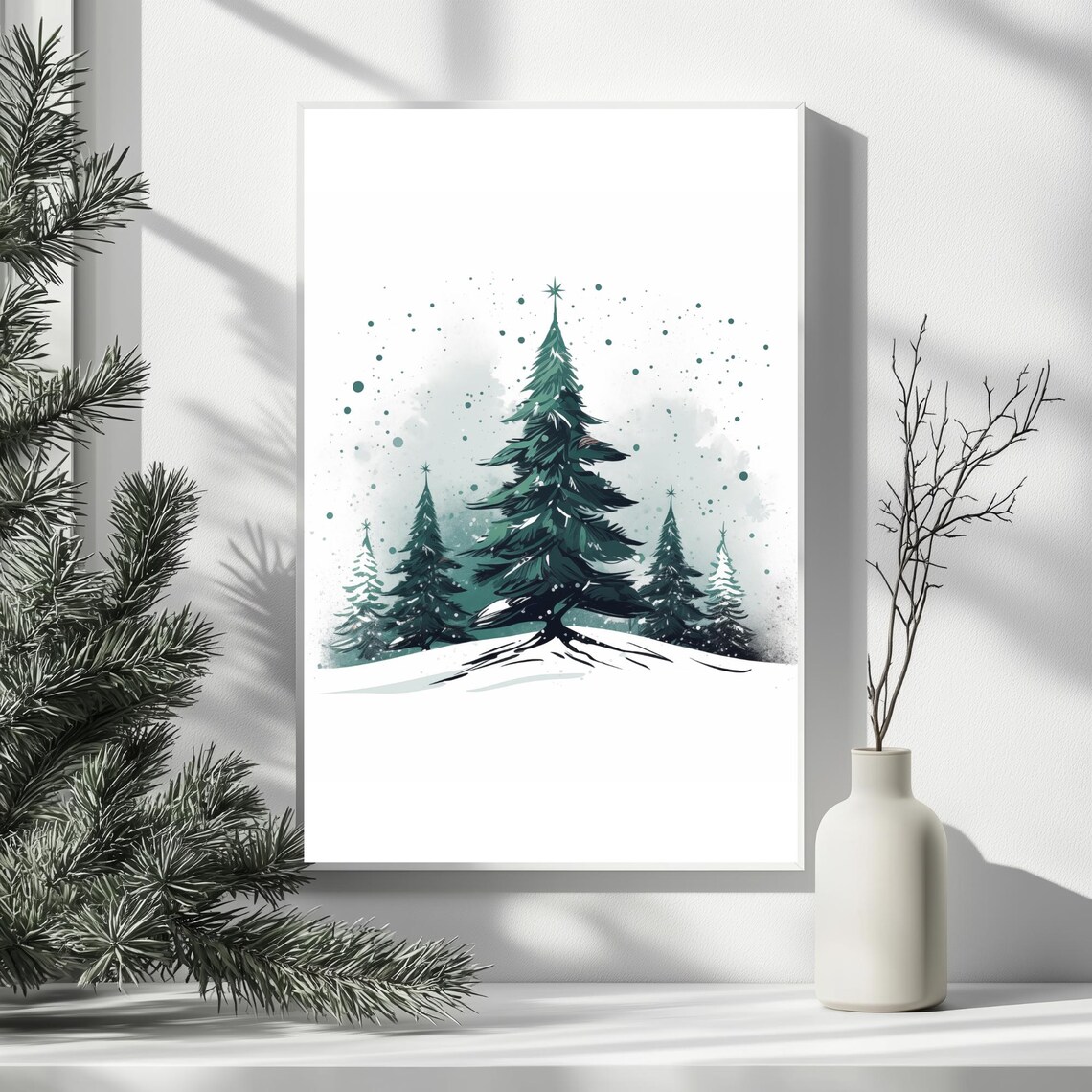 Beautiful Minimalist Snowy Pine Trees Starry Winter Wonderland Wall Art