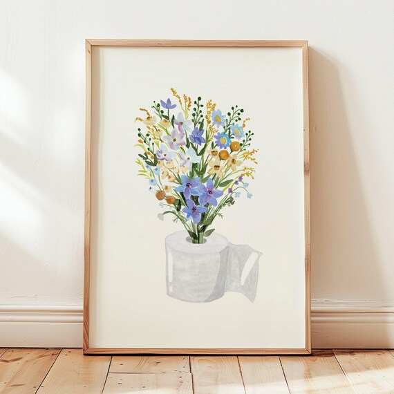 Toilet Paper Roll Plant Print Watercolor Art Funny Bathroom Wall Botanical Minimalist