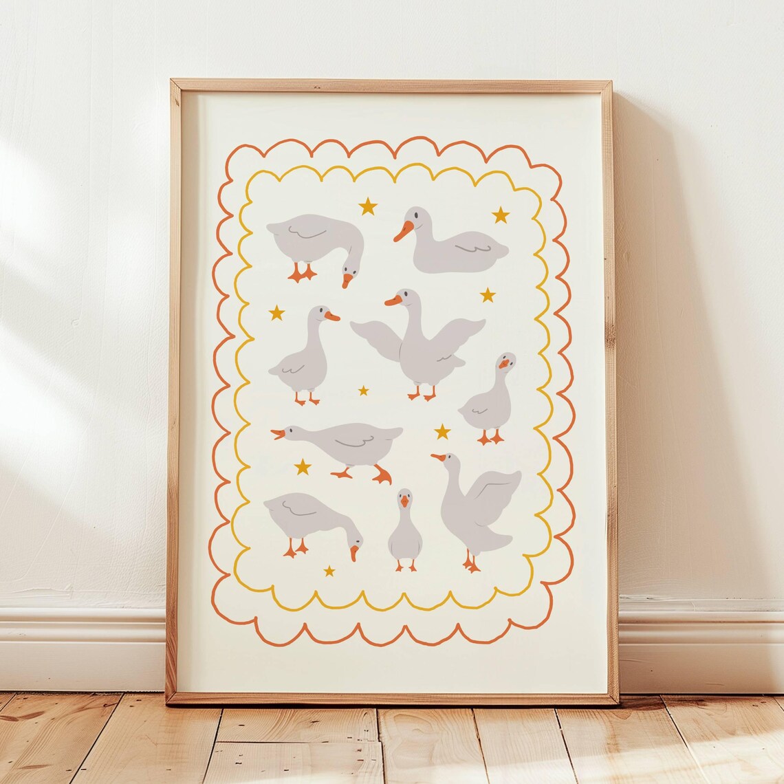 Cute Geese Scalloped Border Nursery Playful Animal Art Poster
