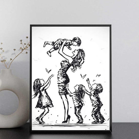 Minimalist Mother And Four Children Line Art Modern Family Wall Decor For Nursery Elegant Motherhood Artwork
