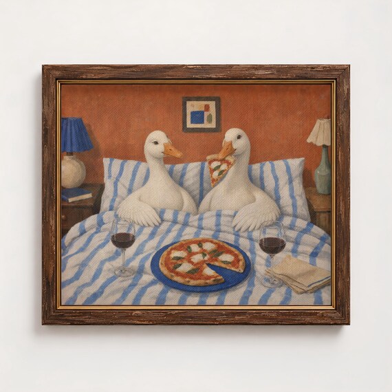 Whimsical Ducks Eating Pizza In Bed Funny Cozy Wine Night Poster