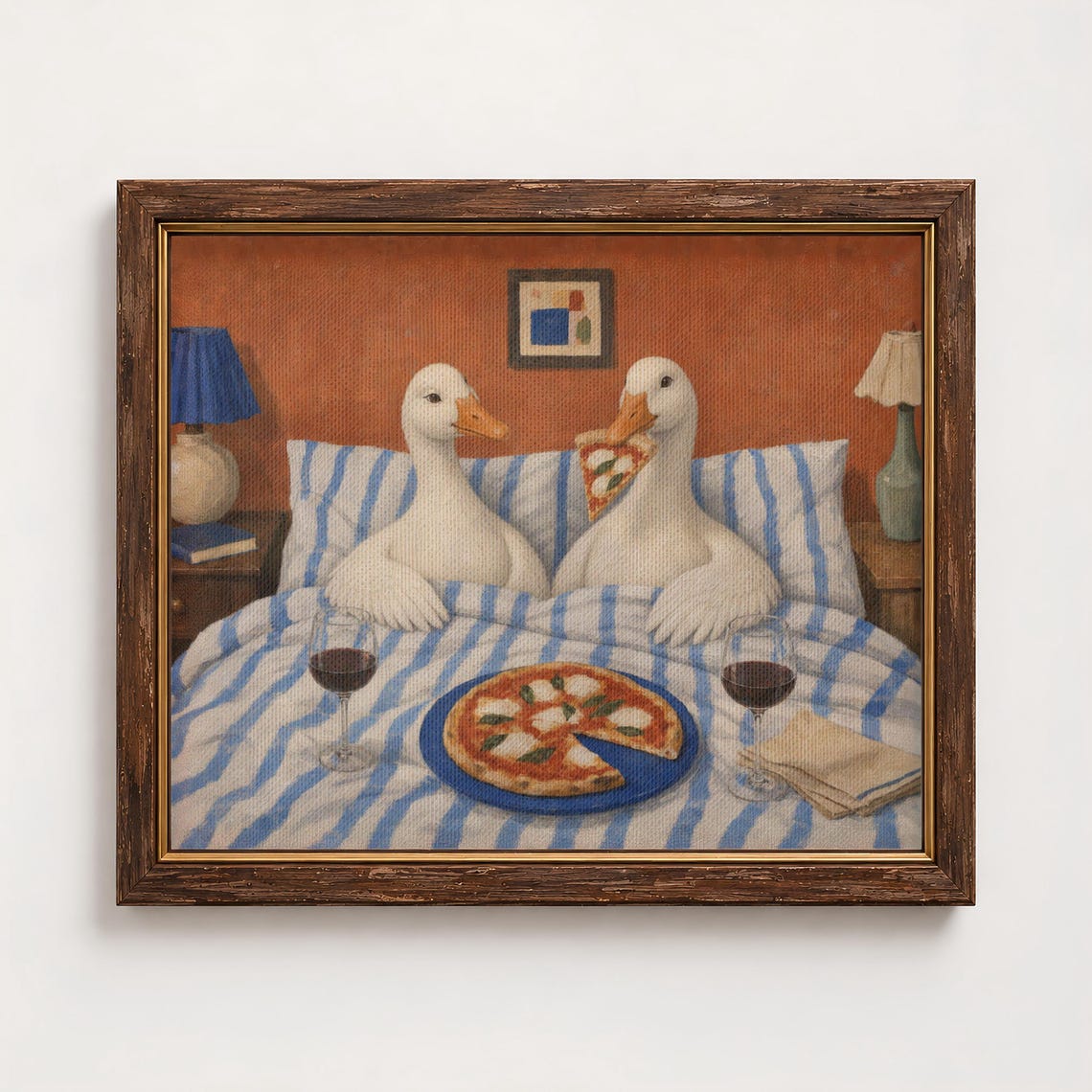 Whimsical Ducks Eating Pizza In Bed Funny Cozy Wine Night Poster
