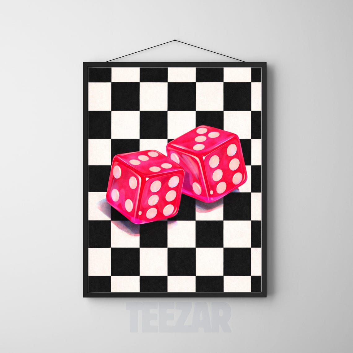 Pink Dice On Checkerboard Retro Casino Y2K Bold Pop Art Poster