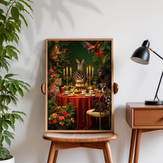 Jungle Animal Tea Party Poster Maximalist Wildlife Wall Art Tropical Decor