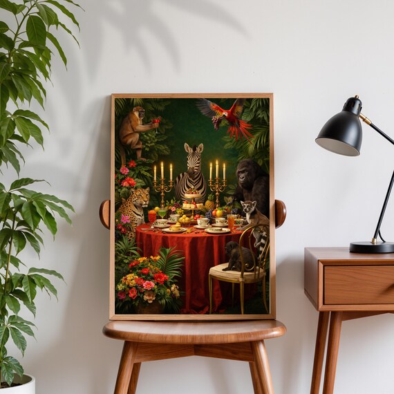 Whimsical Jungle Animal Tea Party Maximalist Wildlife Poster