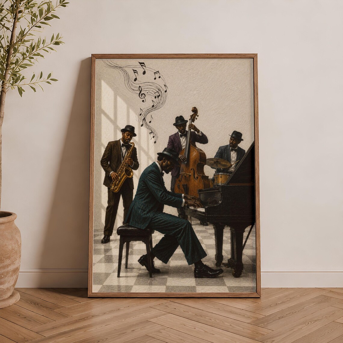 Retro Jazz Quartet Piano Sax Bass Drums Club Scene Music Poster