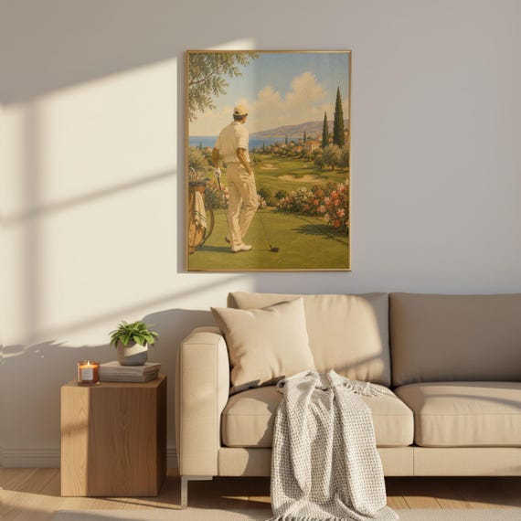 Vintage Golf Painting Mid Century Modern Fairway Landscape Morandi Earth Tone Canvas Art