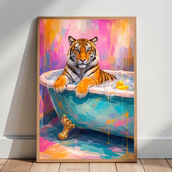 Colorful Tiger Bath Poster Abstract Animal Wall Art Vibrant Painting Print