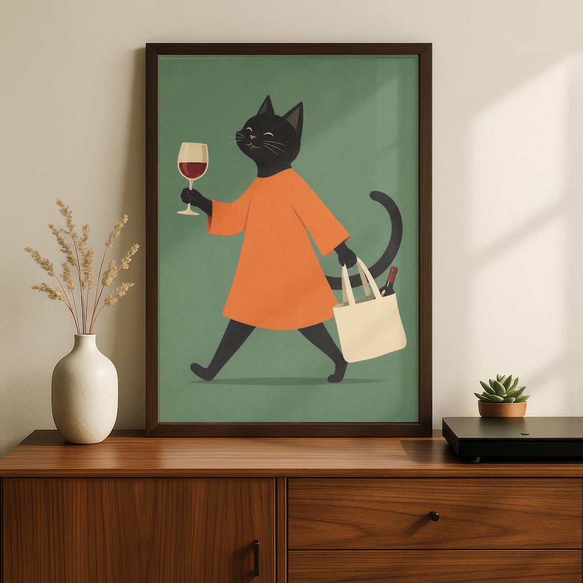 Black Cat Wine Lover Retro Illustration Poster