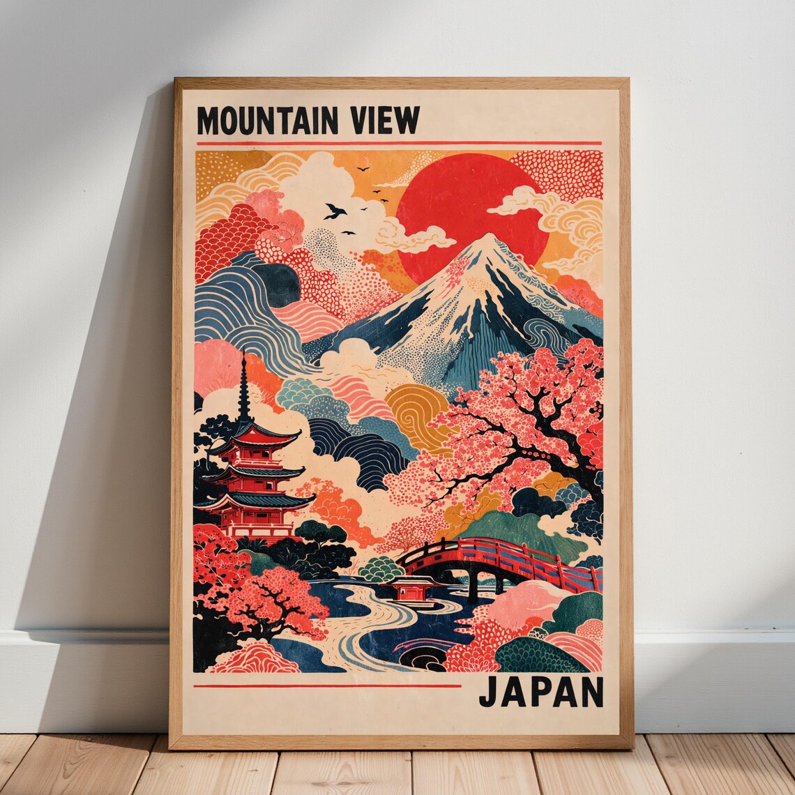 Mountain View Japan Poster Vintage Mount Fuji Travel Art Red Sun Pagoda