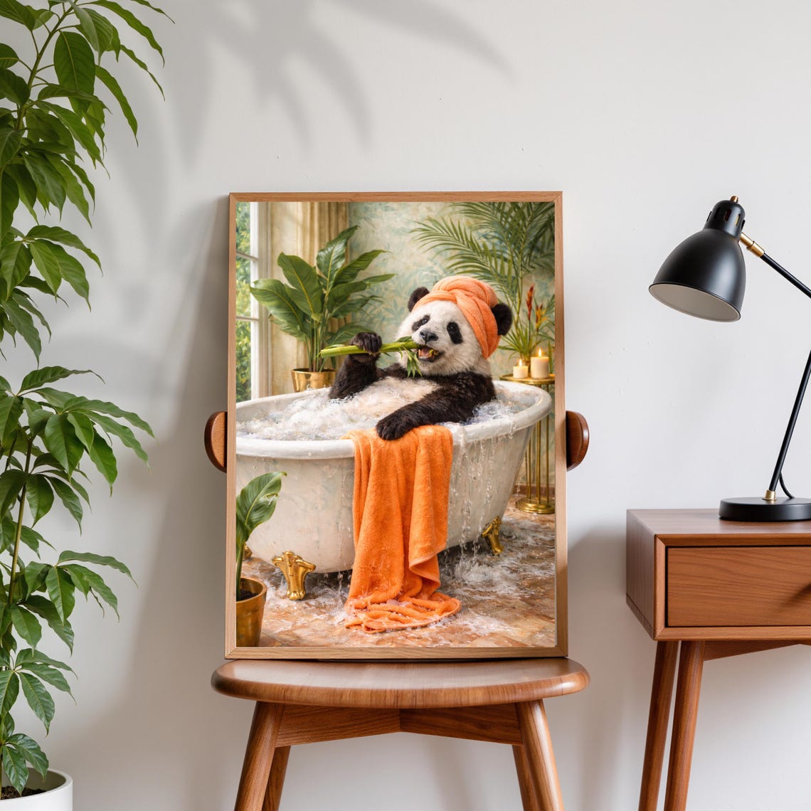 Panda Bathing Print Humorous Tropical Maximalist Wall Art