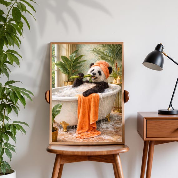 Panda Bathing Print Humorous Tropical Maximalist Wall Art