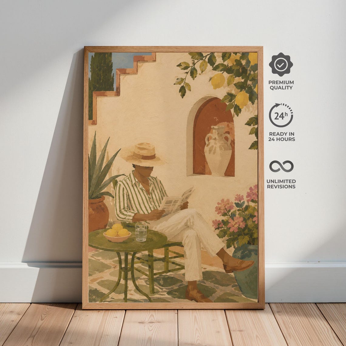 Lemon Courtyard Reading Mediterranean Summer Scene Art Poster
