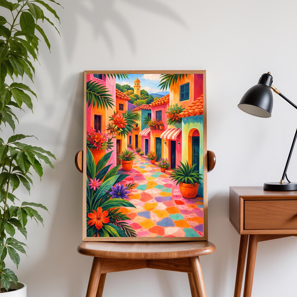 Mediterranean Street Poster, Vibrant Village Art Print