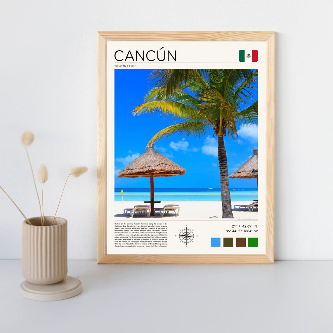 Cancun Mexico Caribbean Beach Palapa Umbrellas Palm Tree Poster - Image 3