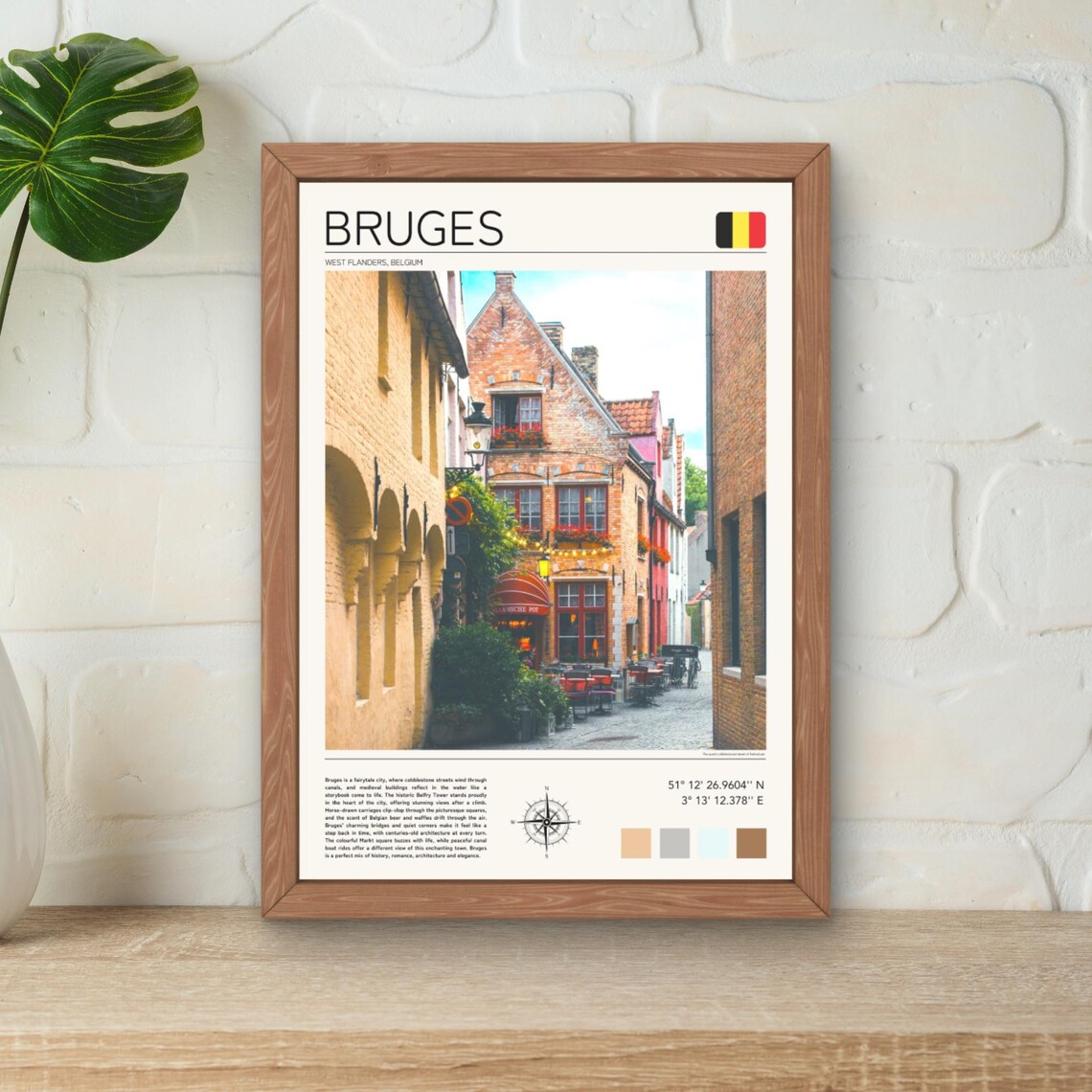 Bruges Belgium Brick Street Old Town Travel Poster With Flag Detail