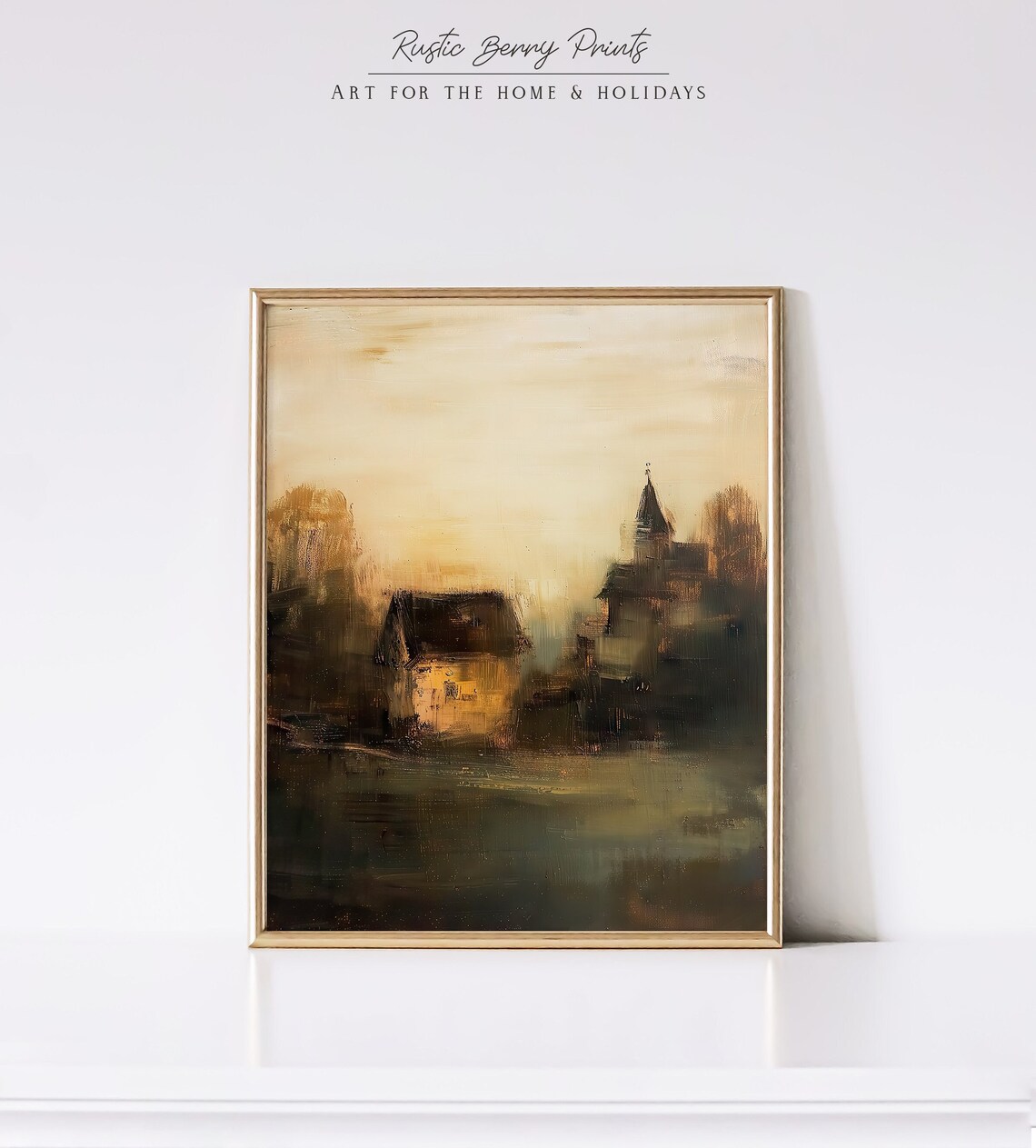 Moody Village Church At Dusk Golden Oil Painting Landscape Art Poster