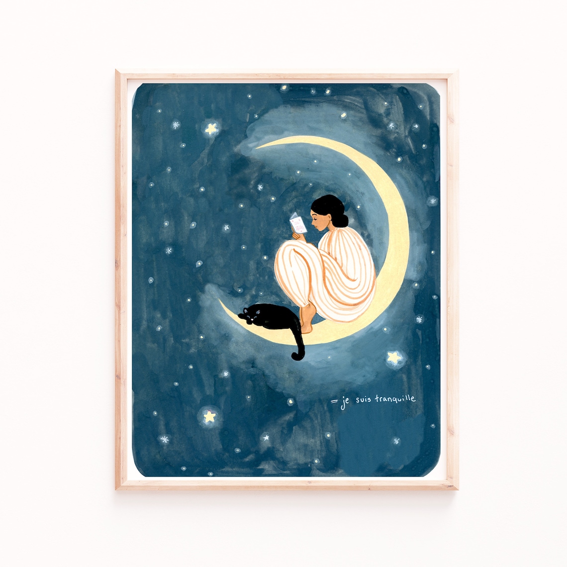 Moon Poster Print, Black Cat and Woman Reading