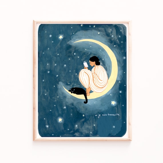 Moon Poster Print, Black Cat and Woman Reading