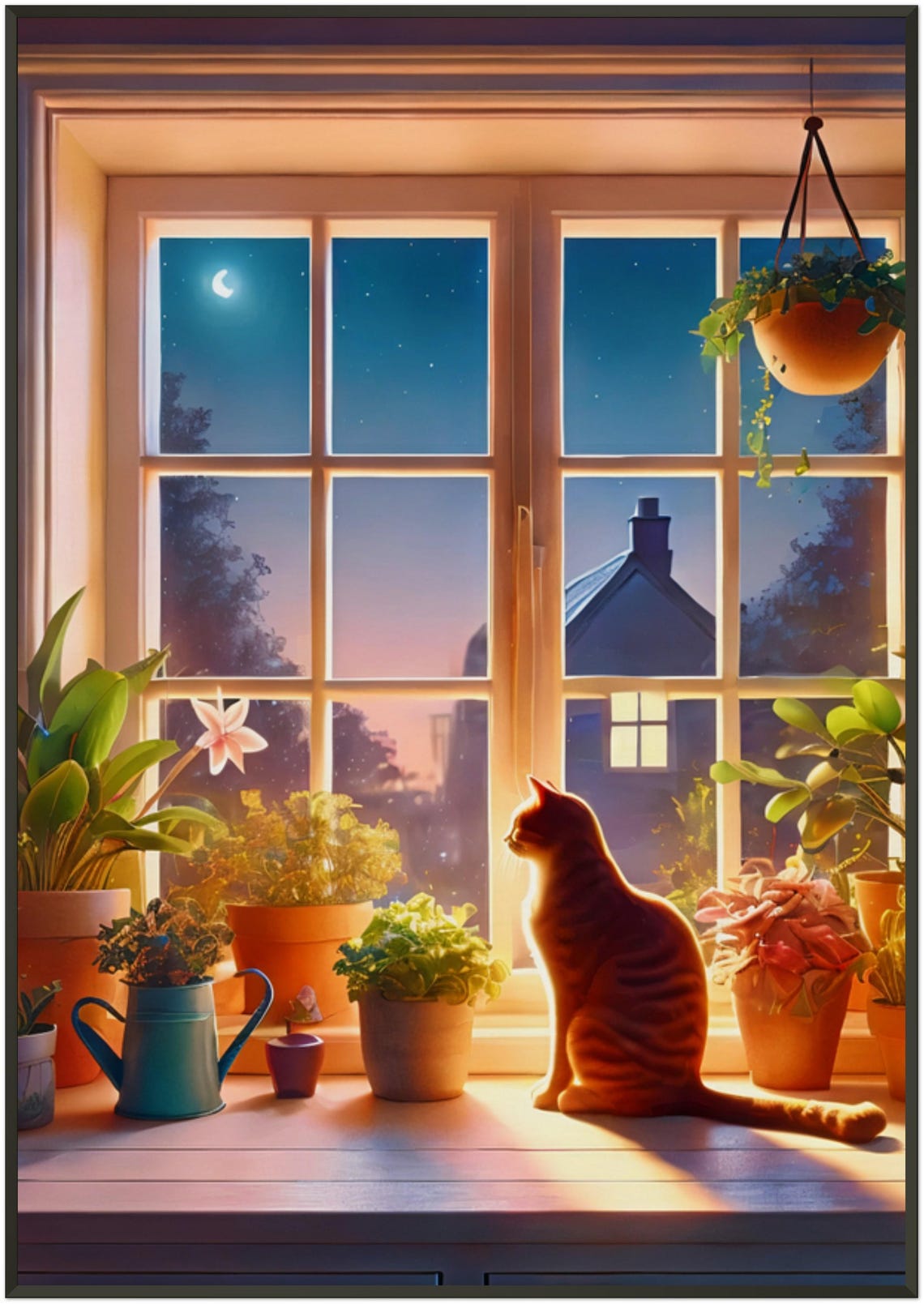 Ginger Tabby Cat Moonlit Night Window Plants Illustration Poster - Image 5