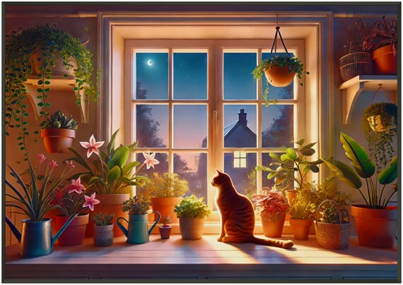 Ginger Tabby Cat Moonlit Night Window Plants Illustration Poster