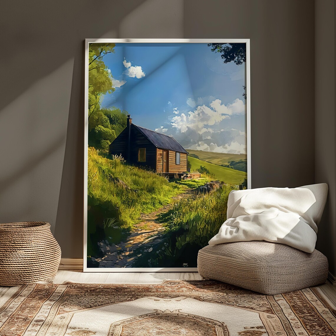Cozy Cabin In Sunny Green Countryside Wildflower Meadow Art Poster - Image 5