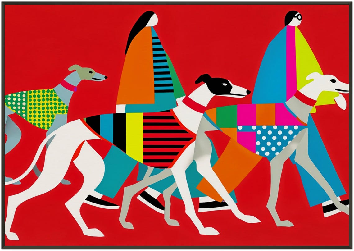 Two Women Walking Three Greyhounds Bold Red Modern Art Poster