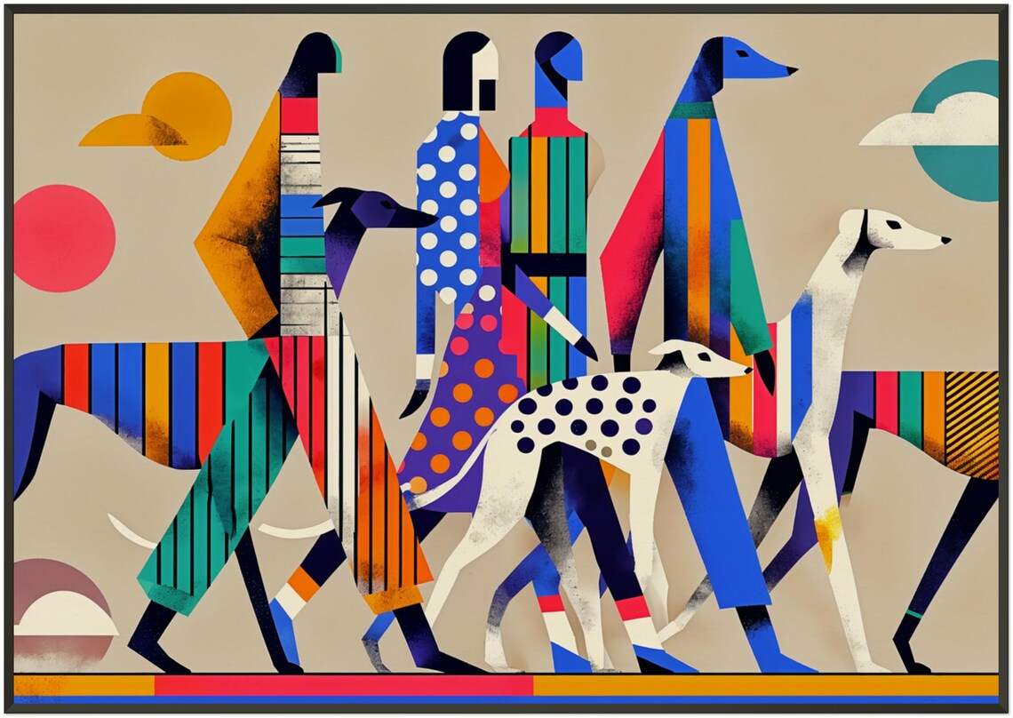 People and Greyhounds Colorful Street Parade Dog Lover Art Poster