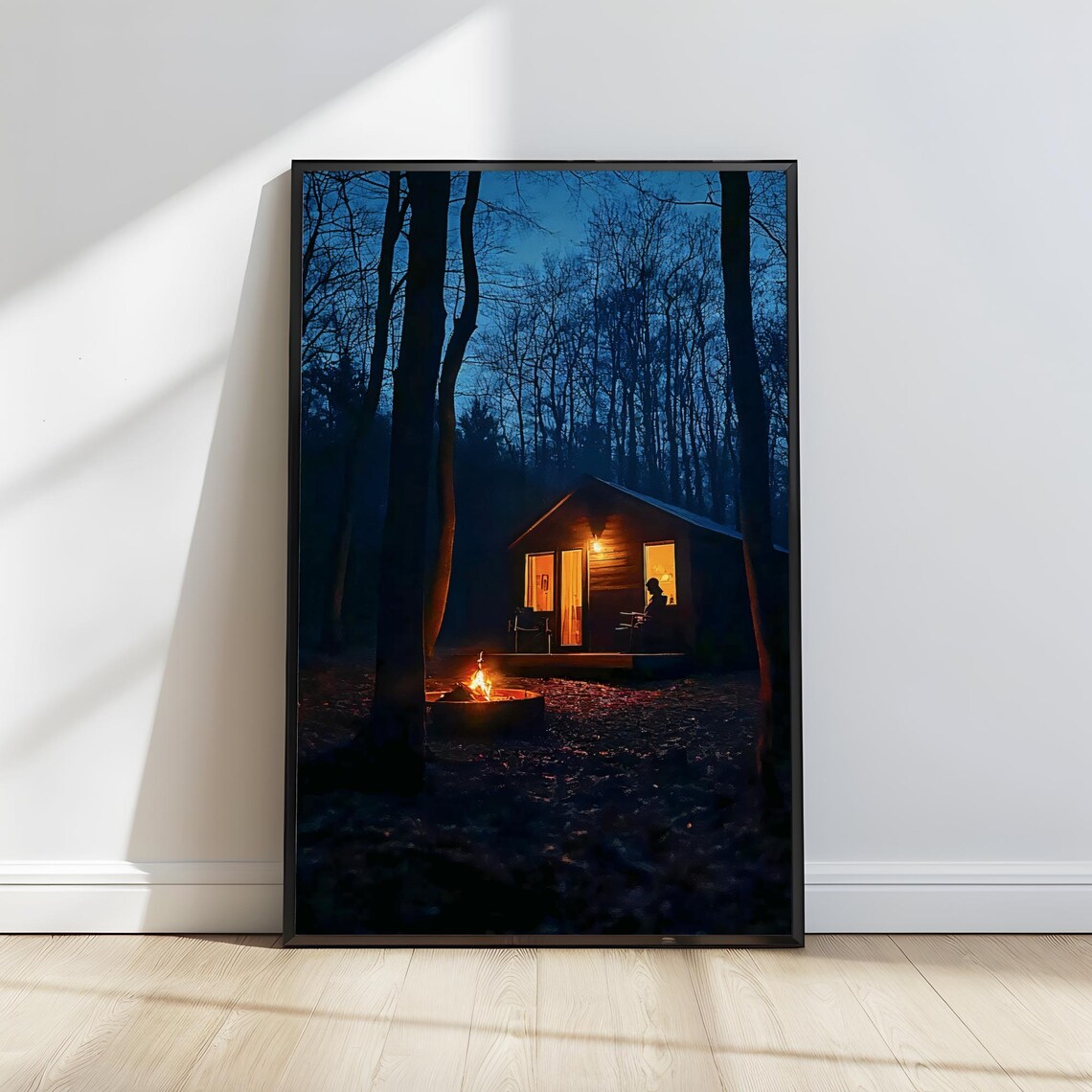 Night Cabin In Dark Winter Woods With Campfire Glow Art Poster - Image 3
