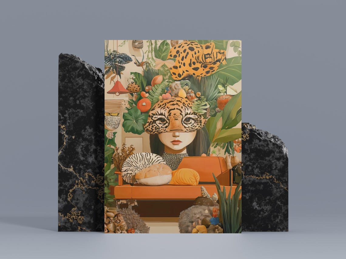 Surreal Leopard Woman Lush Jungle Interior Maximalist Art Poster - Image 2
