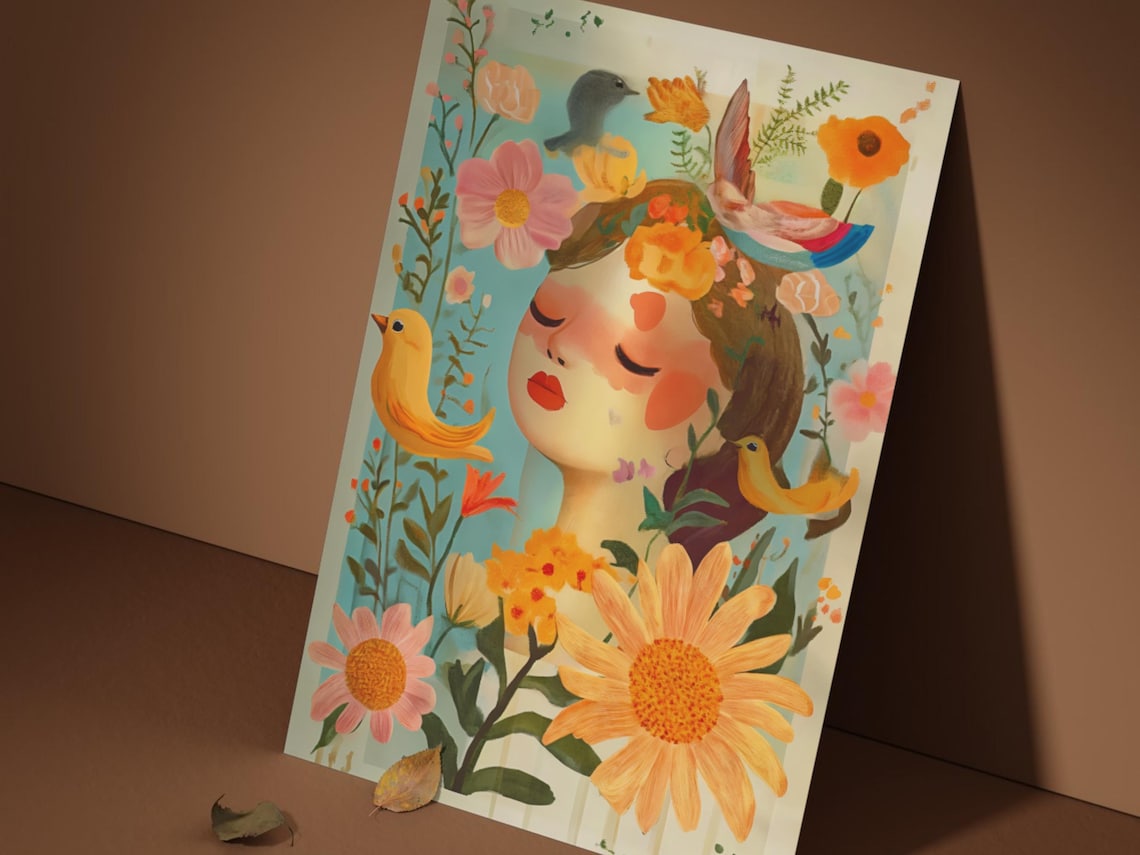 Vintage Floral Lady Portrait Songbirds Printable Digital Art Poster - Image 4