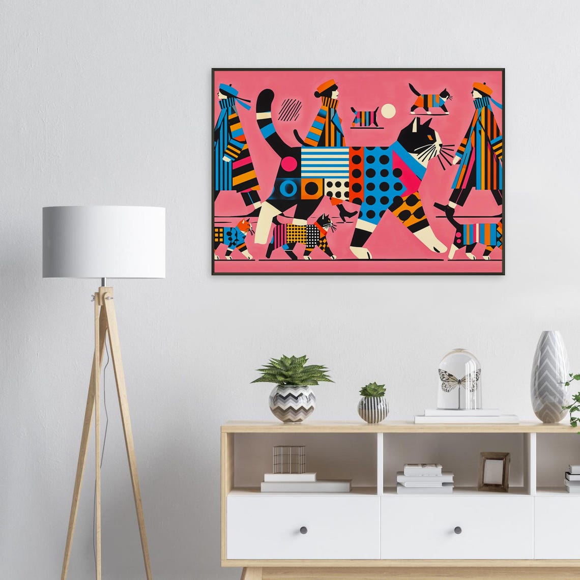 Women Strolling with Giant Patchwork Cat Pink Pop Art Poster - Image 2