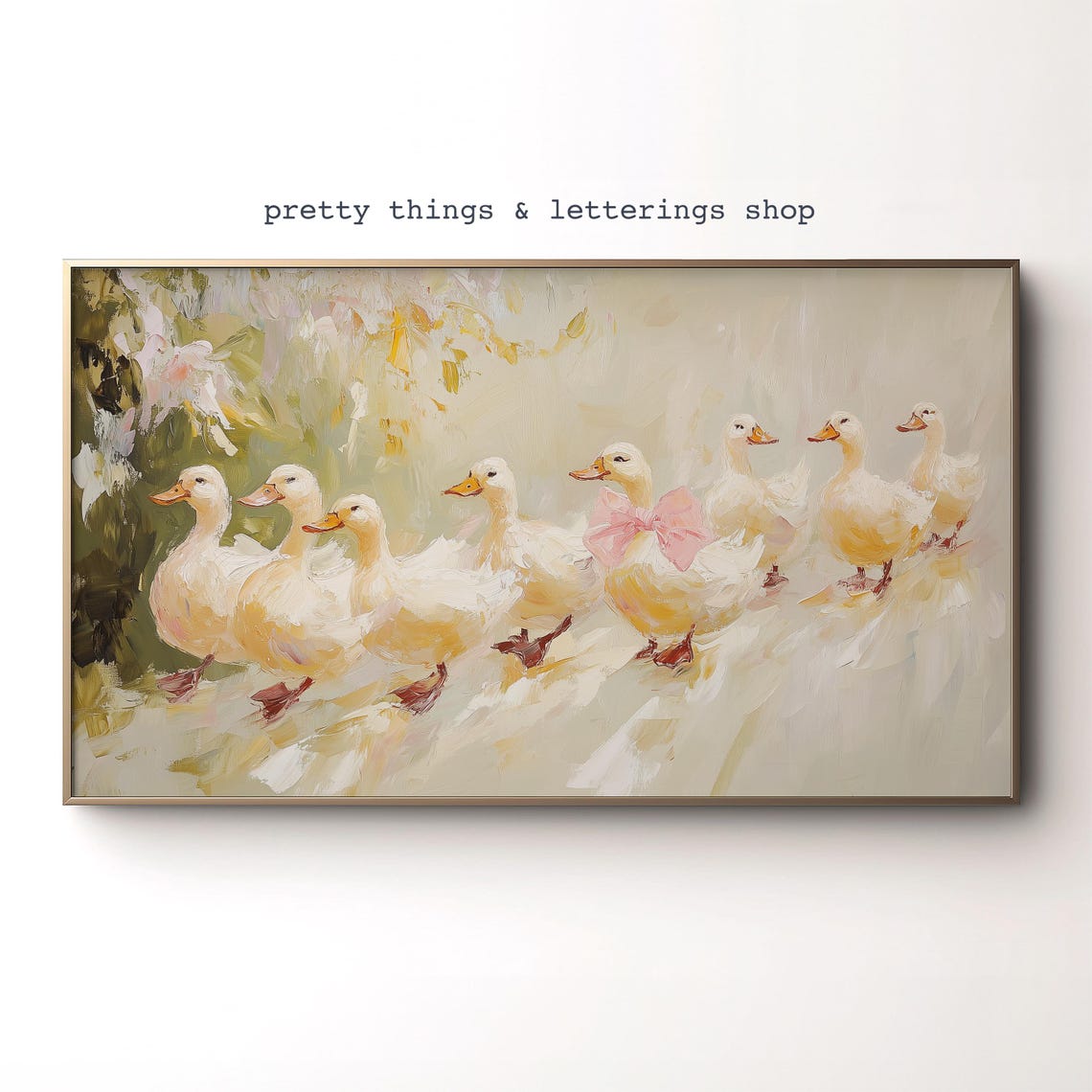 White Ducks Pink Bow Duck Family Spring Oil Painting Wall Art