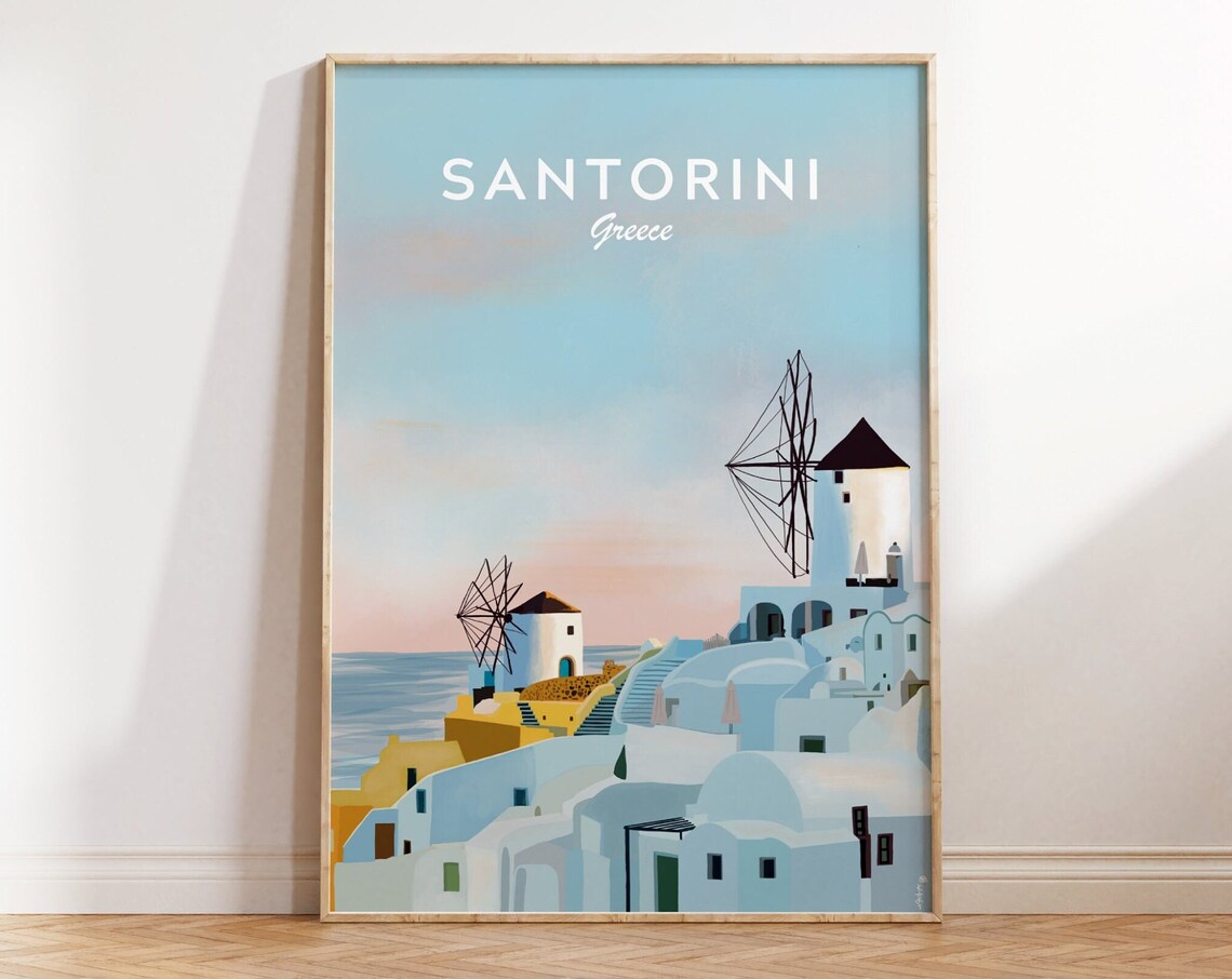 Santorini Greece Windmills Pastel Sky Sea Breeze Travel Poster