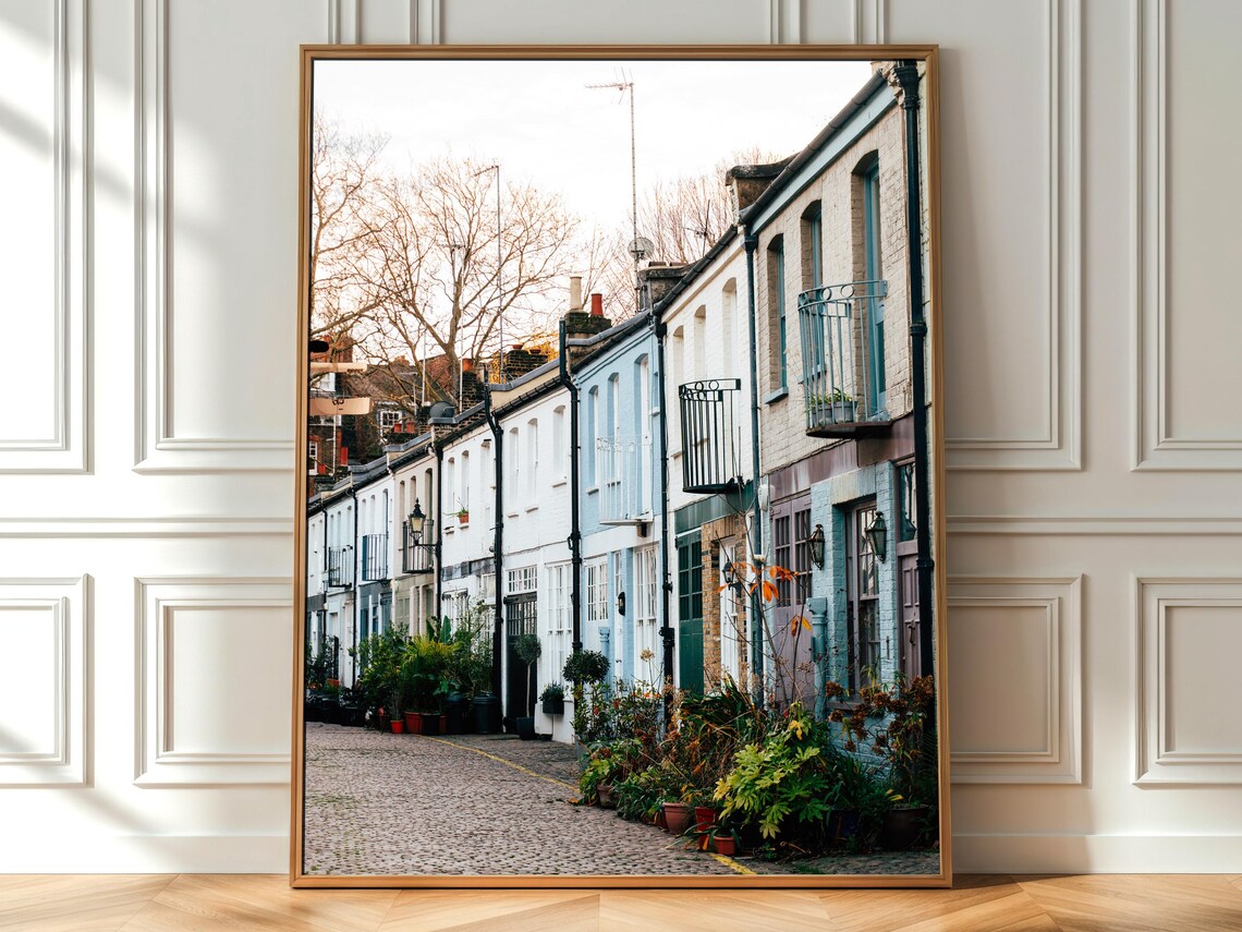 London Mews Street Pastel Houses Cobblestone Photography Wall Art
