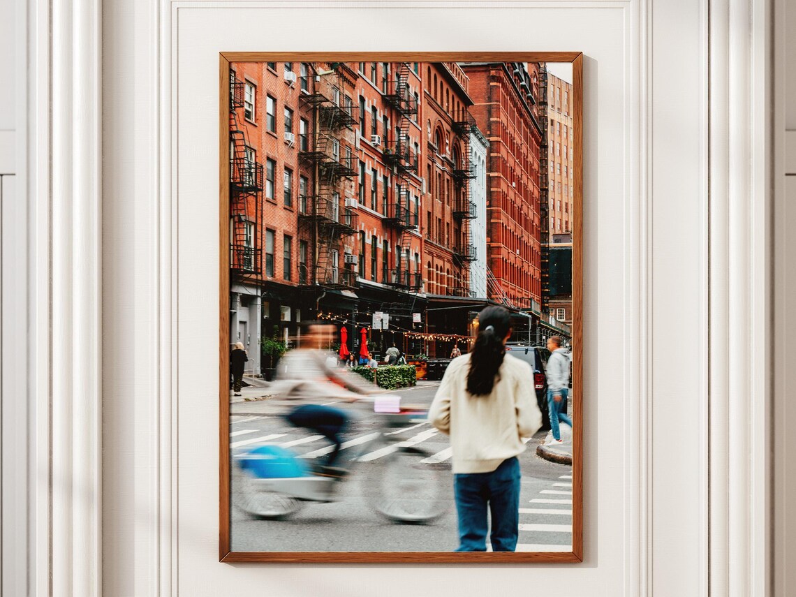 Manhattan Red Brick Fire Escape Cyclist Street NYC Photo Print