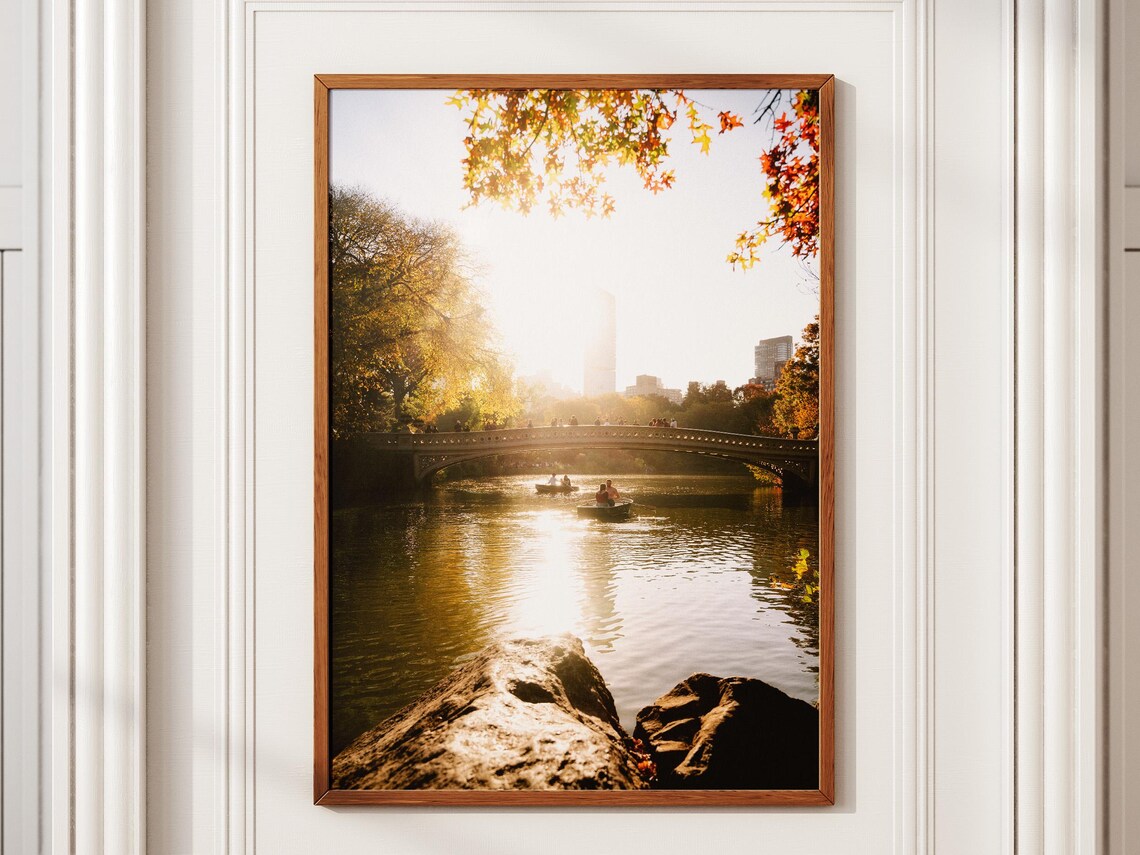 Central Park Autumn Rowboats Bow Bridge New York Sunset Print