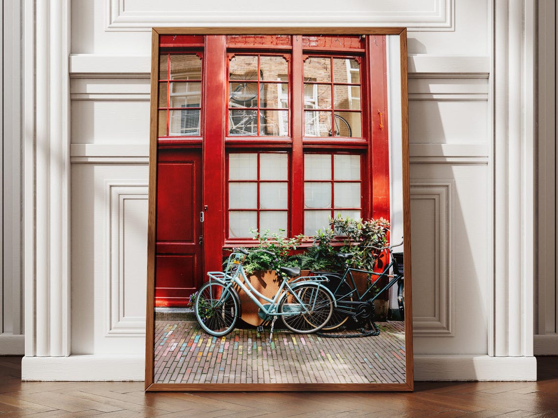 Amsterdam Red Facade Bicycles Dutch Street Photo Urban Art Poster