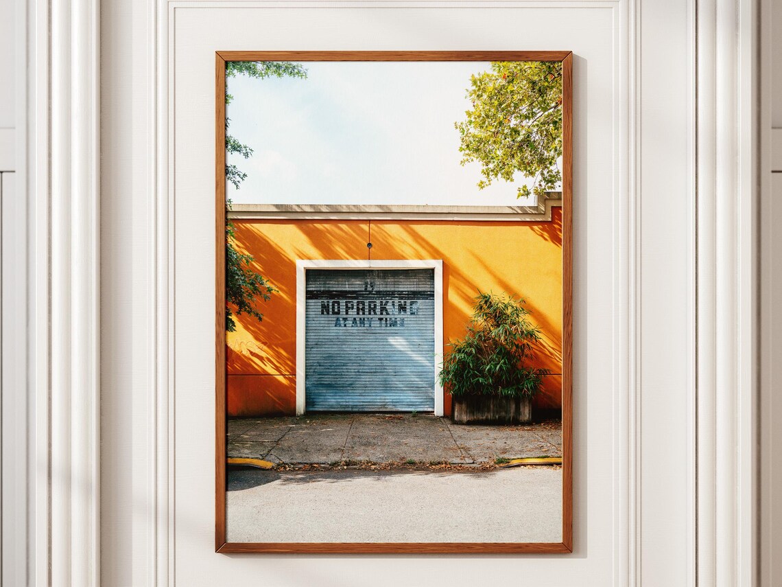 Brooklyn Street Photography Orange Wall Blue Garage Door No Parking Poster